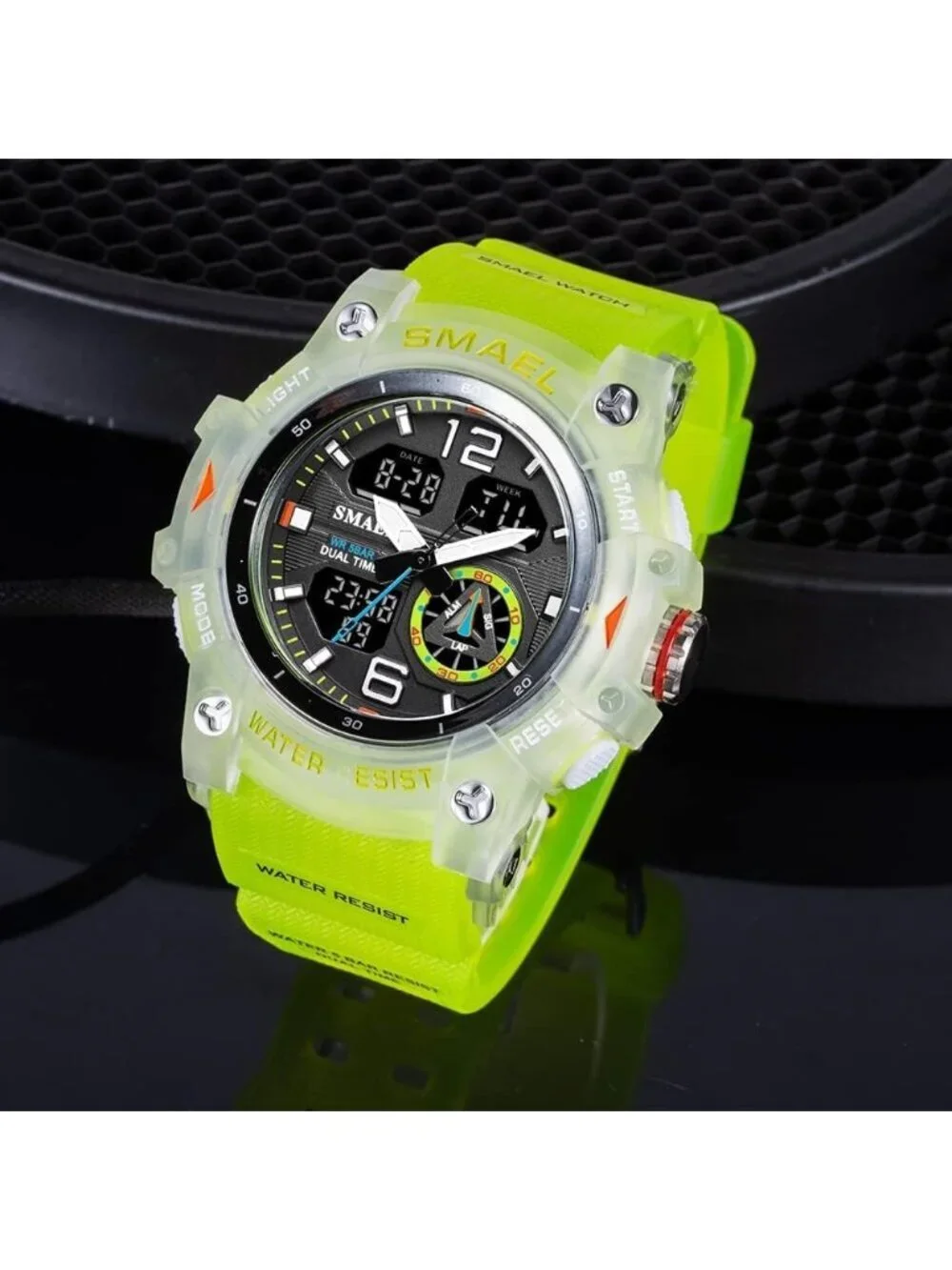 Mens Translucent&Green Analog Quartz S-Shock Waterproof Sports LED Digital Watch